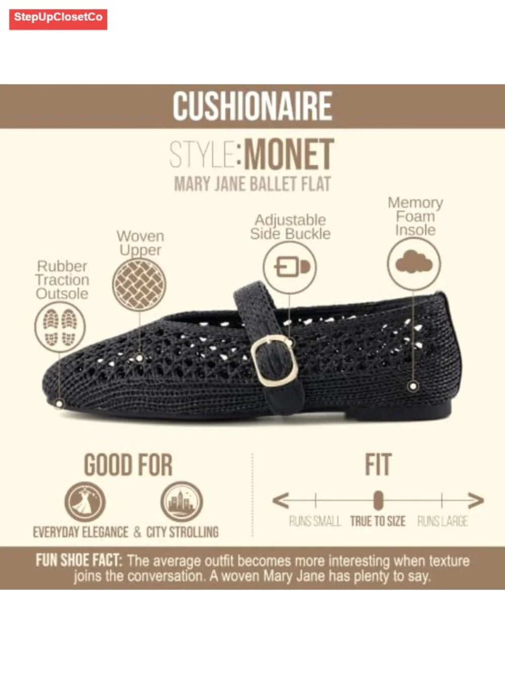 Woven Mary Jane Flats for Women, Adjustable Gold-Tone Buckle Strap, Memory Foam